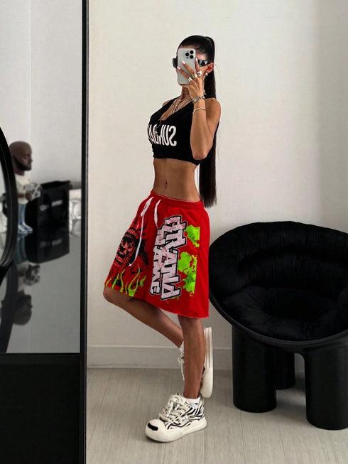 SHEIN StreetHx Women's Red Flame Letter Print Oversized Streetwear Casual Shorts, Spring/Summer0