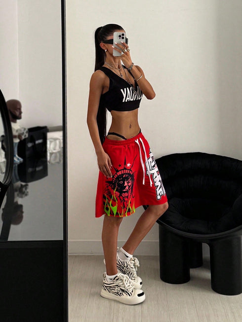 SHEIN StreetHx Women's Red Flame Letter Print Oversized Streetwear Casual Shorts, Spring/Summer
