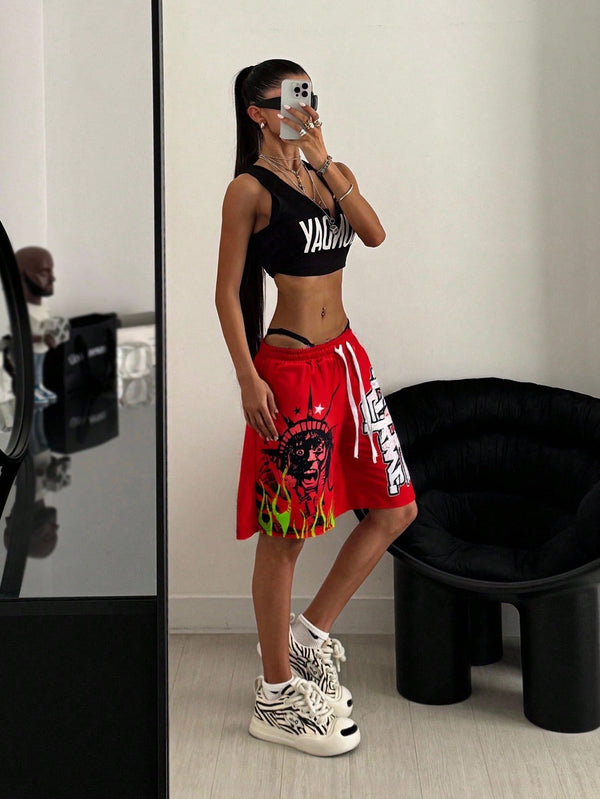 SHEIN StreetHx Women's Red Flame Letter Print Oversized Streetwear Casual Shorts, Spring/Summer