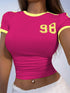 SHEIN StreetHx Women's Solid Color Patchwork Round Neck Short Sleeve Numeric Print Casual Top