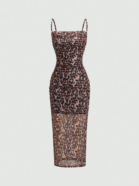 SHEIN Sweetra Women's Summer Leopard Printed Sleeveless Cami Dress Maxi Women Outfit