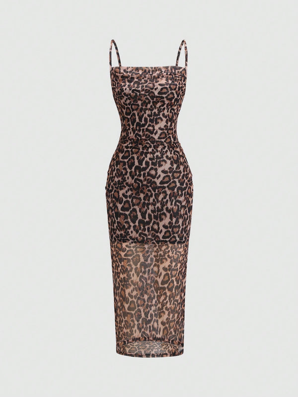 SHEIN Sweetra Women's Summer Leopard Printed Sleeveless Cami Dress Maxi Women Outfit