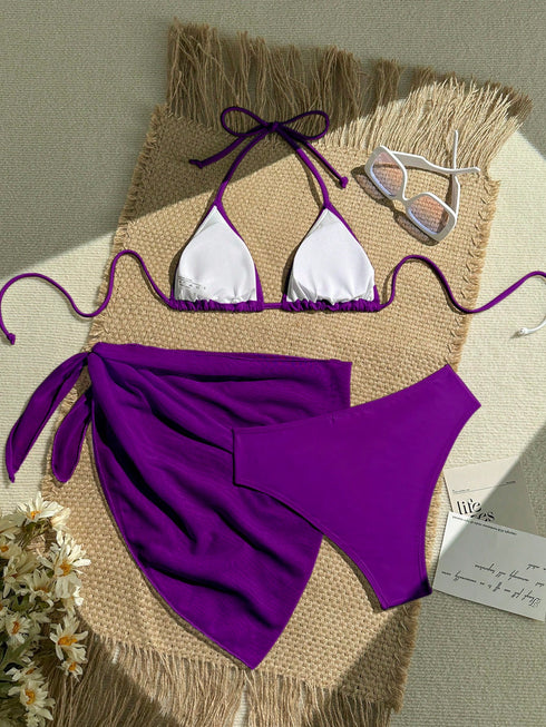 SHEIN Swim 3pcs Solid Color Bikini Set, Vacation Beach00