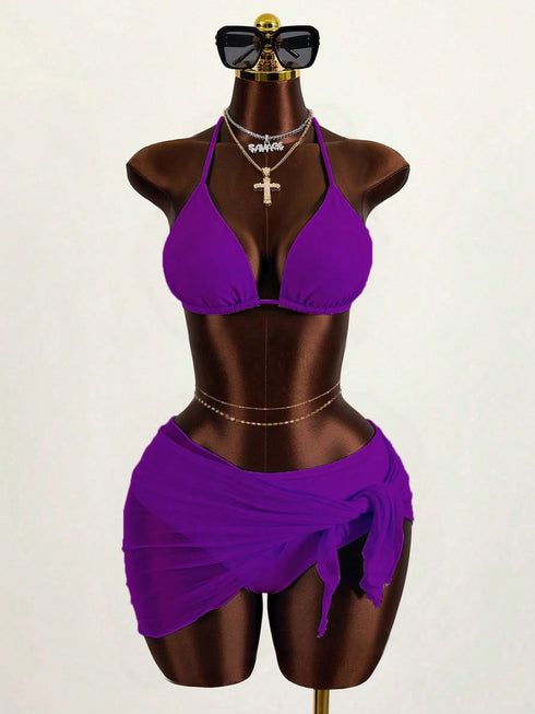 SHEIN Swim 3pcs Solid Color Bikini Set, Vacation Beach0