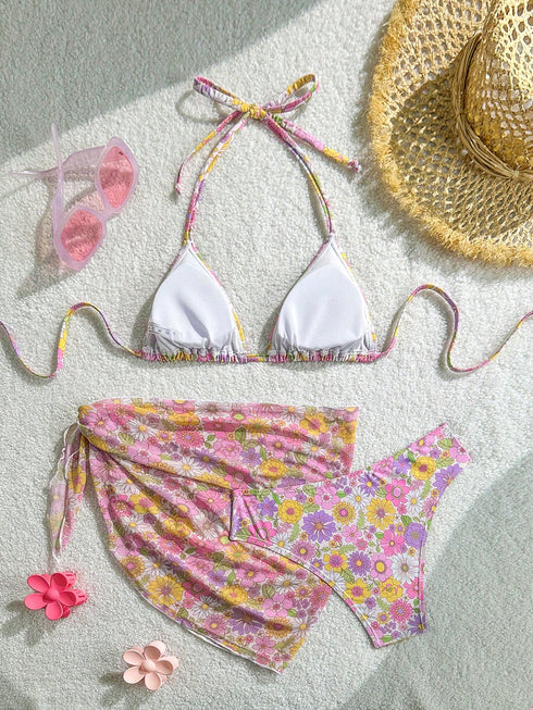 SHEIN Swim Mod Women's Floral Print Halter Backless Sexy Bikini 3-Piece Swimwear Set For Beach Vacation00