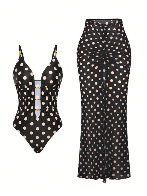 SHEIN Swim Oasis 2pcs/Set Fashionable Polka Dot Print Beaded Chest Swimsuit Cover Up, High-End Design, Hot