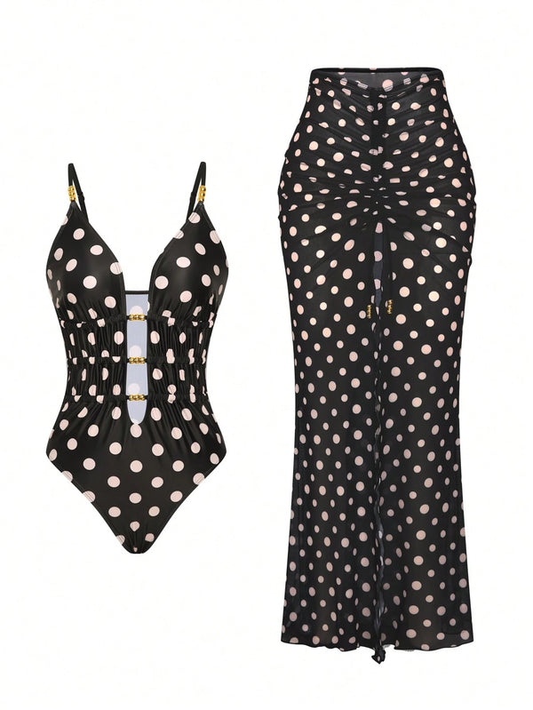 SHEIN Swim Oasis 2pcs/Set Fashionable Polka Dot Print Beaded Chest Swimsuit Cover Up, High-End Design, Hot