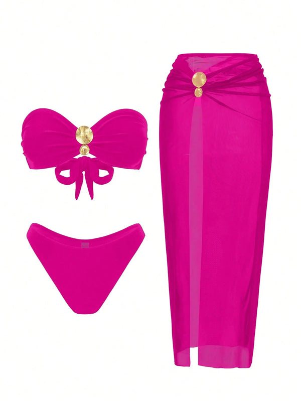 SHEIN Swim Oasis 3pcs Spring Break Set: Solid Color Bandeau Top, Metal Decor Bikini Bottoms & Mesh Skirt000