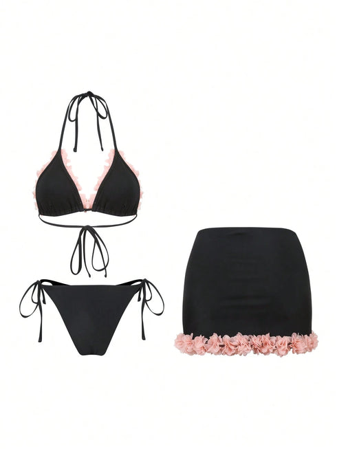 SHEIN Swim Oasis Summer Beach Women 3-Piece Swimsuit Set: Pink Floral Decorated Triangle Top0
