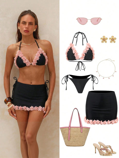SHEIN Swim Oasis Summer Beach Women 3-Piece Swimsuit Set: Pink Floral Decorated Triangle Top