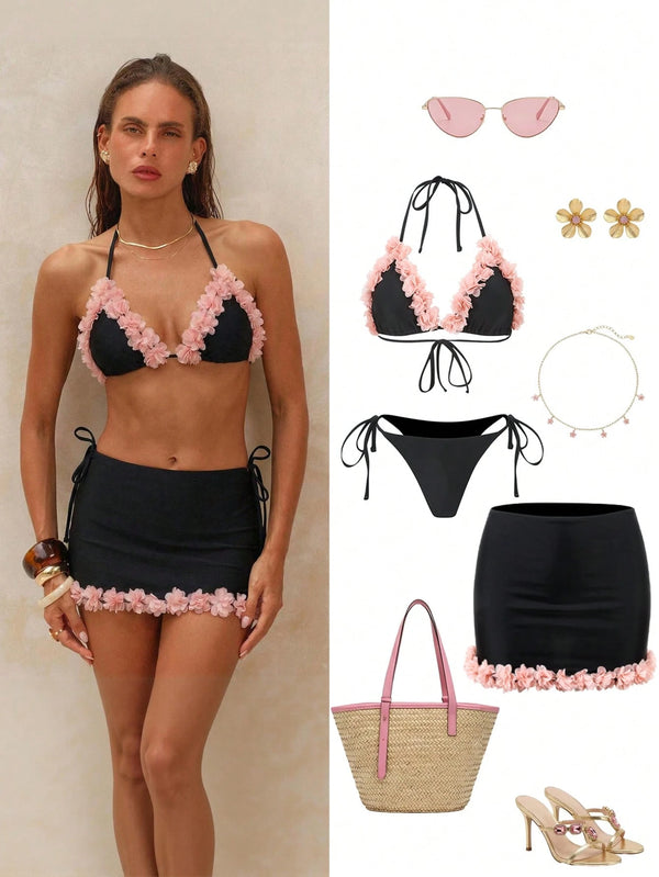 SHEIN Swim Oasis Summer Beach Women 3-Piece Swimsuit Set: Pink Floral Decorated Triangle Top