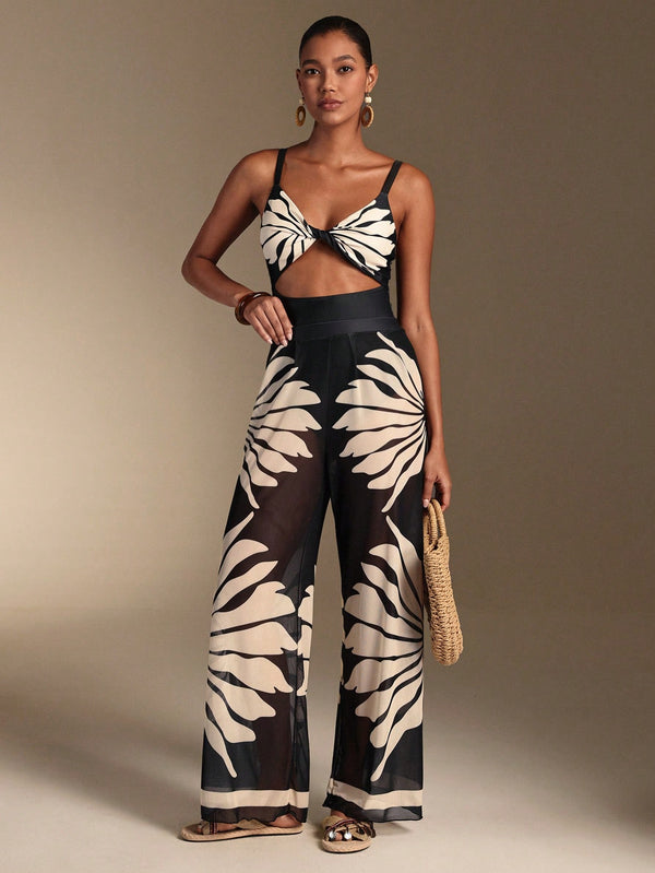 SHEIN Swim Oasis Women's Patchwork Color Swimsuit With Wide Leg Pants, Beach Resort Vacation Set 2026 New