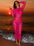 SHEIN Swim SXY Spring/Summer New Knitted Round Neck Long Sleeve Bodycon Dress, Sexy Fitted Mesh Hollow Out Dress, Elegant Women Dress