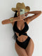 SHEIN Swim SXY Women Solid Golden Decor Strappy Back Tie One Piece Swimsuit For Summer Beach Vacation