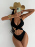 SHEIN Swim SXY Women Solid Golden Decor Strappy Back Tie One Piece Swimsuit For Summer Beach Vacation