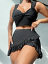 SHEIN Swim Summer Beach Solid Bikini Set Twist Tank Top & Ruffle Trim Beach Skirt & Bikini Bottom 3 Pieces Bathing Suit