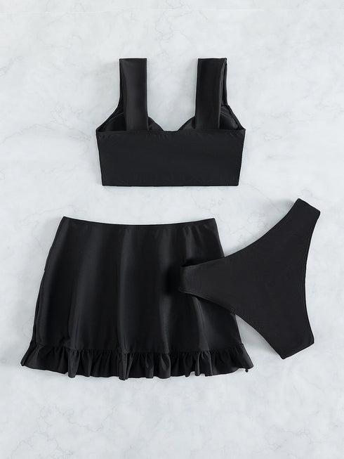 SHEIN Swim Summer Beach Solid Bikini Set Twist Tank Top & Ruffle Trim Beach Skirt & Bikini Bottom 3 Pieces Bathing Suit