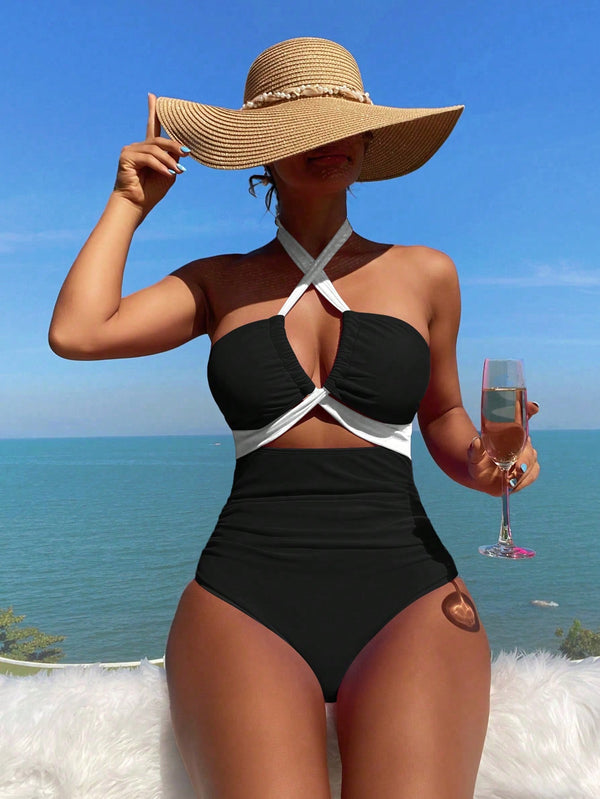 بدلة سباحة SHEIN Swim Vcay قطعة واحدة للنساء، بلون مغاير، بتصميم مفرغ، ورباط متقاطع حول العنق