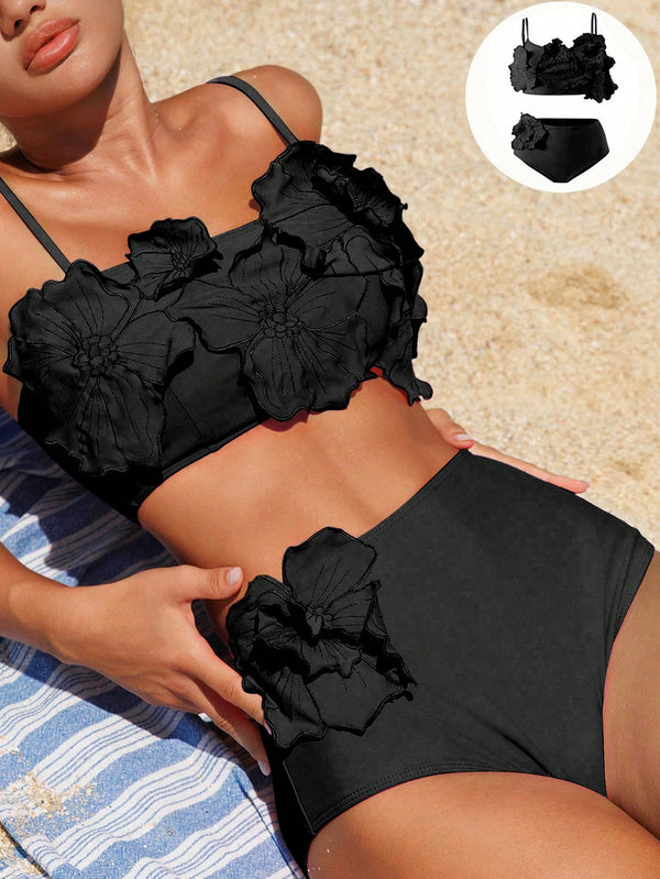 SHEIN Swim Vcay Women's Summer Beach Hot Pink Solid Color 3D Flower Decorated Bikini Set Summer Two Pieces