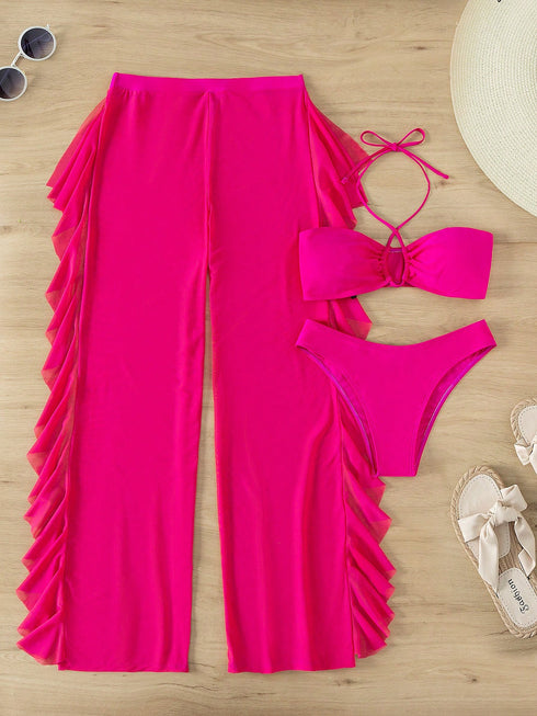 طقم بكيني مطبوع مكون من 3 قطع بدون أسلاك لقضاء عطلة على الشاطئ من SHEIN Swim للنساء