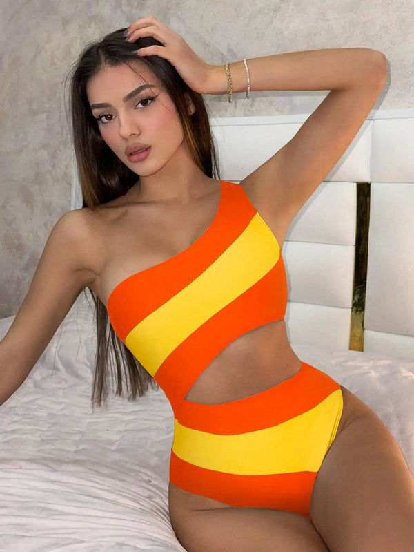 SHEIN Swim Solid Splicing Casual One-Piece Swimsuit Summer