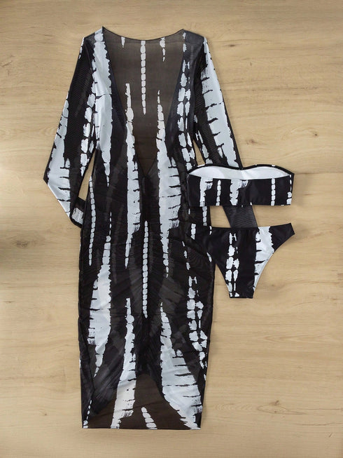SHEIN Swim Summer Beach Allover Print Bikini Set & Bandeau Top & Bikini & Drawstring Cover Up Dress 3 Piece Bathing Set