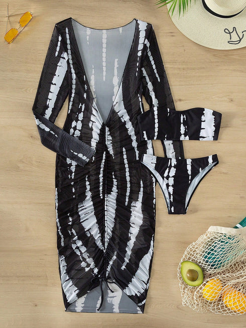 SHEIN Swim Summer Beach Allover Print Bikini Set & Bandeau Top & Bikini & Drawstring Cover Up Dress 3 Piece Bathing Set