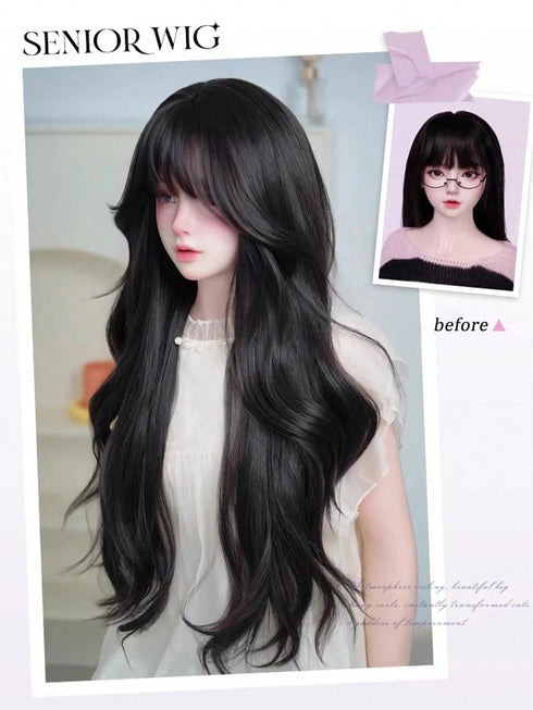 SHEIN Synthetic Wig Women's Full Head Set Style Long Curly Hair With Big Waves Fluffy Natural Hair Air Level Bangs Daily0