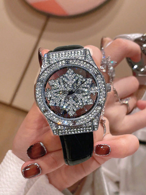 SHEIN This Fashionable Transparent Bottom Cover Women's Diamond Watch Features A Rotatable Starry Dial0