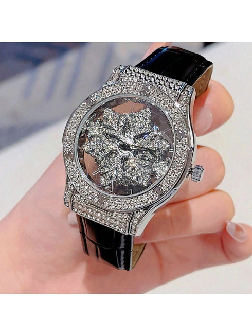SHEIN This Fashionable Transparent Bottom Cover Women's Diamond Watch Features A Rotatable Starry Dial
