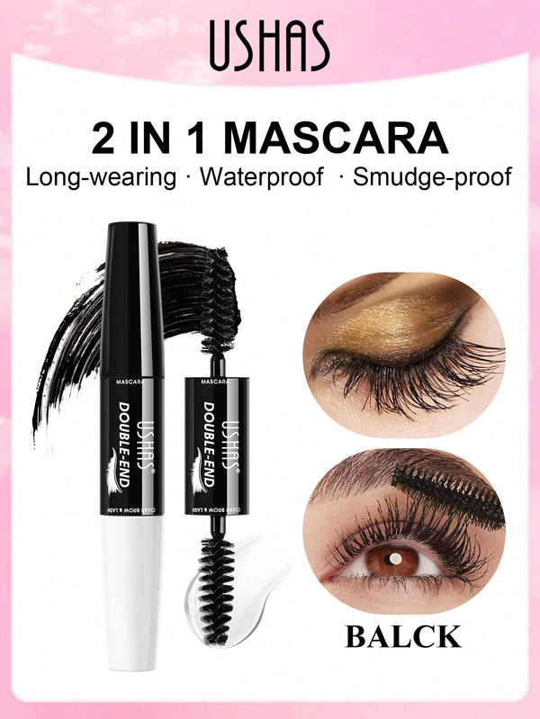 Ushas 2-in-1 Double End Mascara in Black, featuring a tube and wand with a spoolie brush, alongside two circular close-ups of eyes showing the mascara applied and styled.