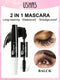 Ushas 2-in-1 Double End Mascara in Black, featuring a tube and wand with a spoolie brush, alongside two circular close-ups of eyes showing the mascara applied and styled.