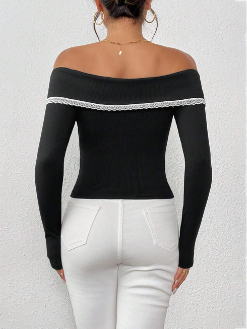 SHEIN Unity Women Long Sleeve Lace-Trim Tight Fit T-Shirt,Black And White Splice,Christmas T- Shirt,Sexy Top,Elegant T-Shirt Graphic Tees Women Tops For Spring