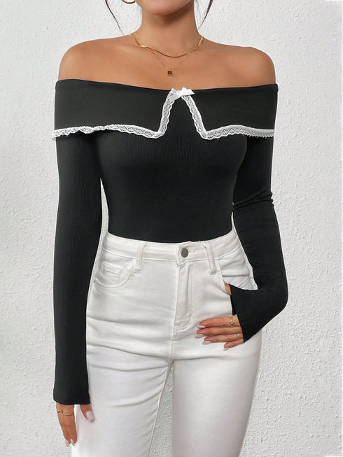SHEIN Unity Women Long Sleeve Lace-Trim Tight Fit T-Shirt,Black And White Splice,Christmas T- Shirt,Sexy Top,Elegant T-Shirt Graphic Tees Women Tops For Spring