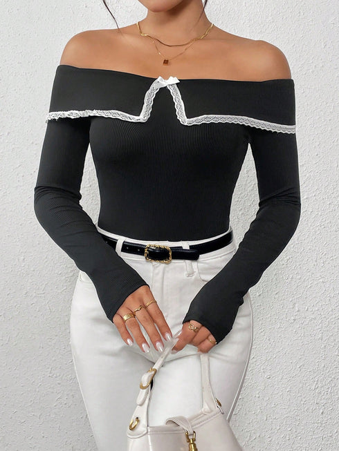 SHEIN Unity Women Long Sleeve Lace-Trim Tight Fit T-Shirt,Black And White Splice,Christmas T- Shirt,Sexy Top,Elegant T-Shirt Graphic Tees Women Tops For Spring