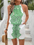SHEIN VCAY Women's Halter Tie Back Open Backless Ruched Waist Blue & White Floral Print Jumpsuit, Vacation