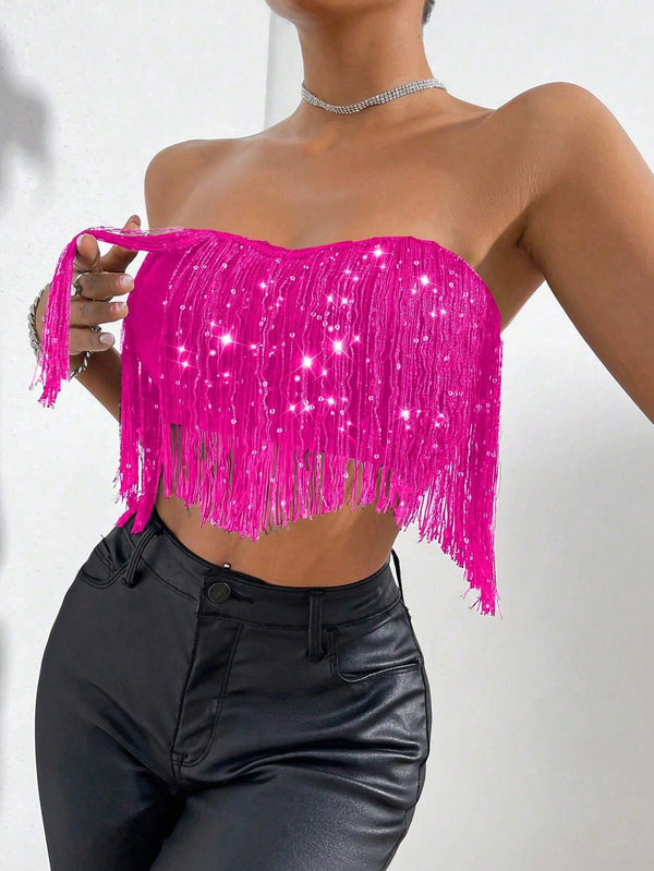SHEIN VaVaBold Fringe Trim Crop Tube Top For Holiday Party Clothes