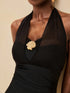 SHEIN Veneréa Women's Elegant Mesh Halter Metal Shell Decor One-Piece Swimsuit, Black, Suitable For0