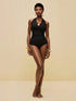 SHEIN Veneréa Women's Elegant Mesh Halter Metal Shell Decor One-Piece Swimsuit, Black, Suitable For