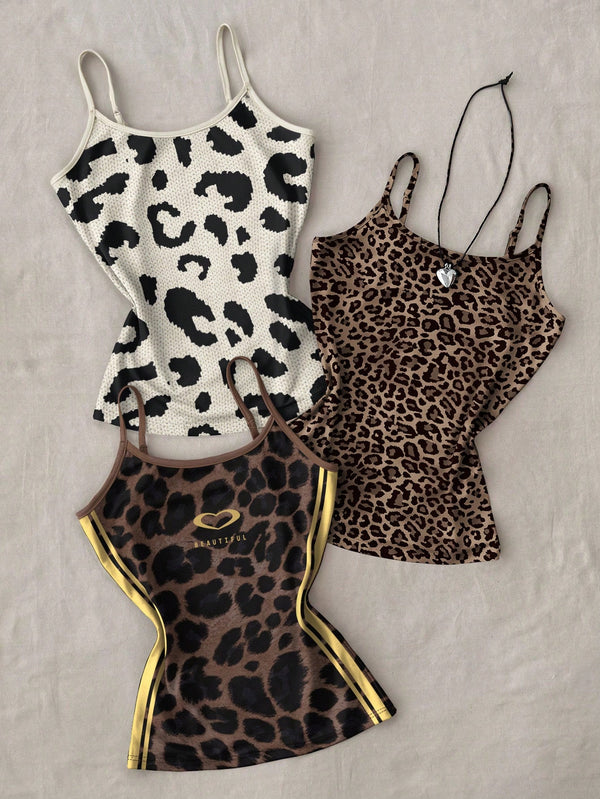 SHEIN Vintage Wild, Classic Black White Brown Leopard Print, Sweet & Sexy Women Slim Fit Camisole Tank Top, Can Be Worn As Layering Piece