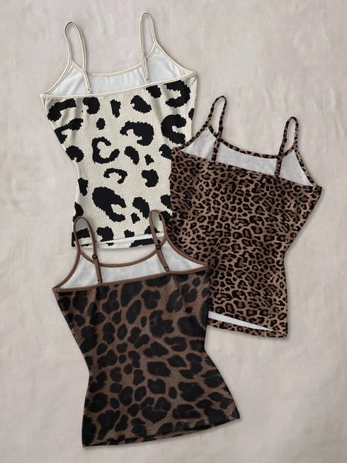 SHEIN Vintage Wild, Classic Black White Brown Leopard Print, Sweet & Sexy Women Slim Fit Camisole Tank Top, Can Be Worn As Layering Piece