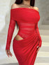 SHEIN WOWDARK Summer Dress, Red Elegant Off-Shoulder Mesh Hollow Out Slim Fit Dress, Formal Party Gown For Women0