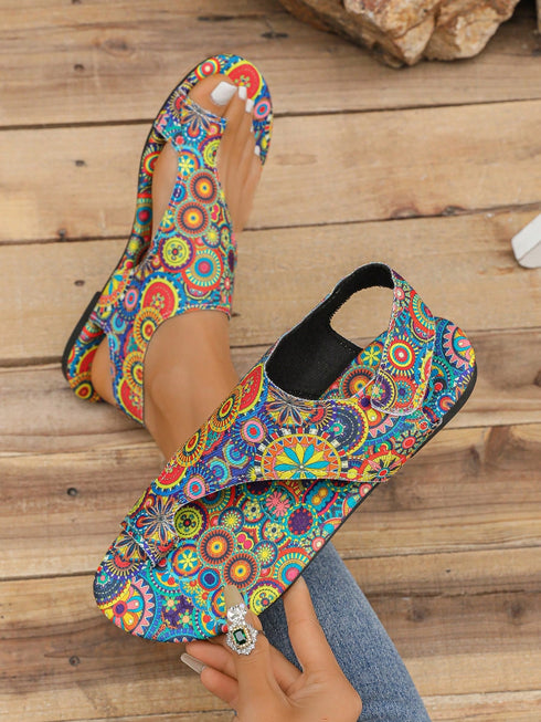 SHEIN Women's Bohemian Style Sunflower Hook-And-Loop Design Flat Sandals, European And American Fashion Casual Retro000