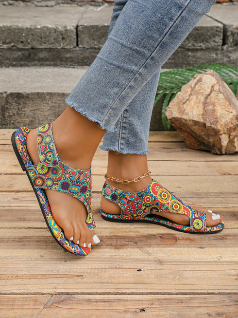 SHEIN Women's Bohemian Style Sunflower Hook-And-Loop Design Flat Sandals, European And American Fashion Casual Retro00
