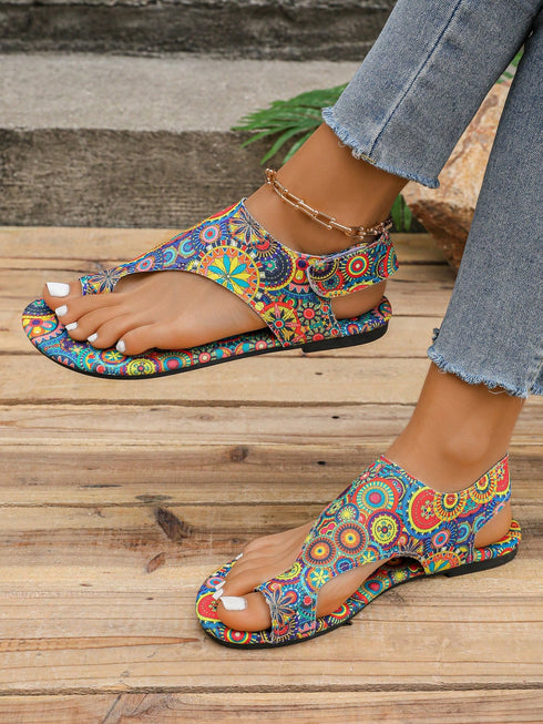 SHEIN Women's Bohemian Style Sunflower Hook-And-Loop Design Flat Sandals, European And American Fashion Casual Retro