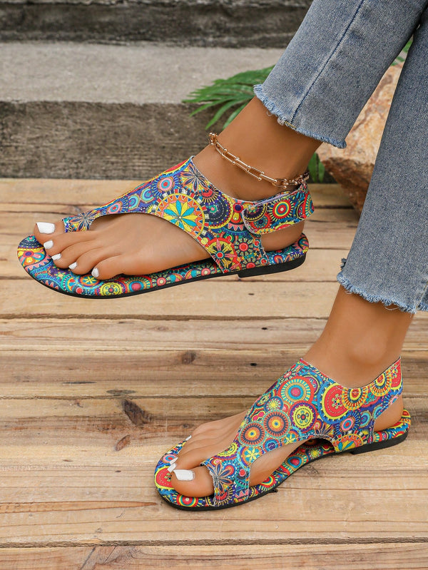 SHEIN Women's Bohemian Style Sunflower Hook-And-Loop Design Flat Sandals, European And American Fashion Casual Retro