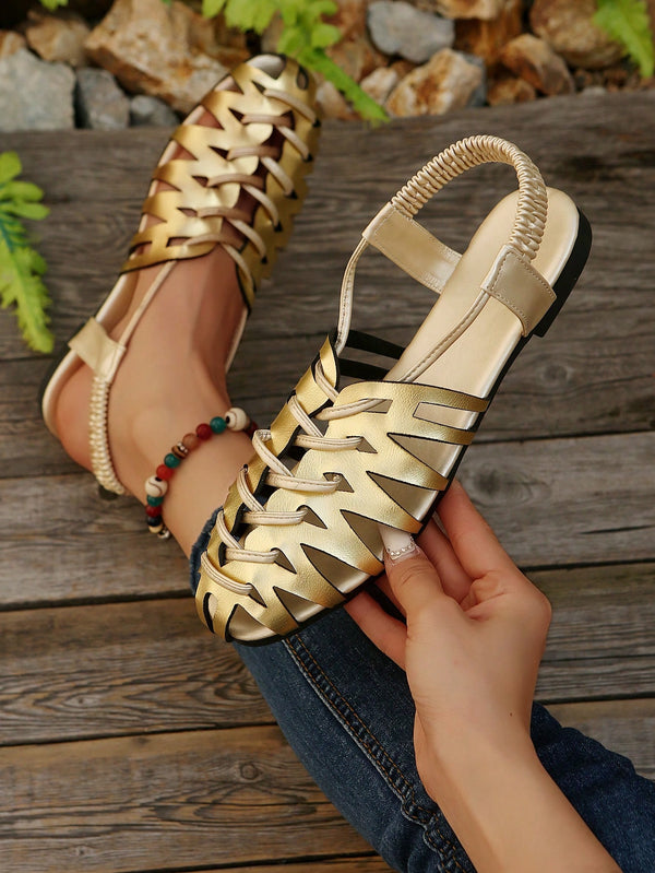 SHEIN Women's Fashion Casual Woven Hollow Breathable Roman Flat Sandals