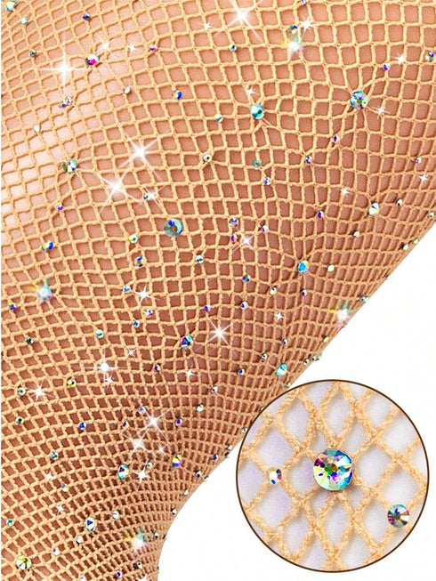 Decorative mesh fabric with embedded rhinestones on a beige background