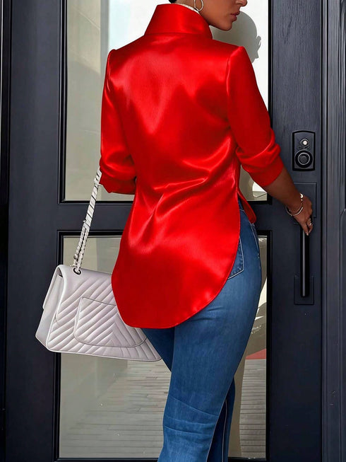 SHEIN Women's Fashion Satin Lapel Side Slit Draping Elegant Long Sleeve Blouse 0