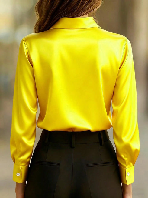 SHEIN Women's Satin Lapel Long Sleeve Shirt, Draping Texture, Professional Workwear0